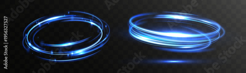 Blue neon light rings set with glowing trails and particles isolated on transparent background abstract energy circle collection.