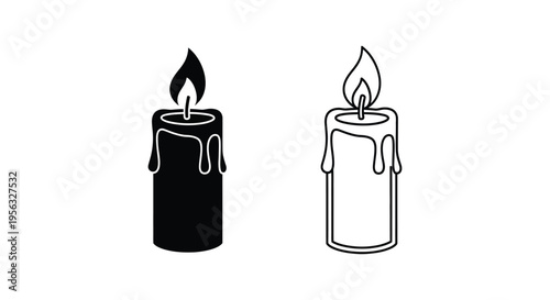 Burning Candle Vector Icon Set - Black & Outline