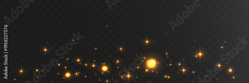 Golden sparkling particles with glowing stars isolated on transparent background magic glitter dust festive shimmer effect.
