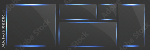Glass glossy panels set with blue glowing edges isolated on transparent background modern UI frames collection.
