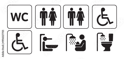 Public restroom and facility signs including gender symbols handicap access shower and toilet information set