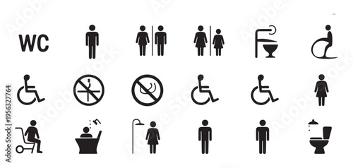 Set of black and white restroom and hygiene icons isolated on white background for public signage