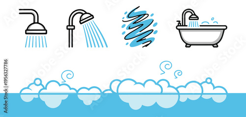Set of shower and bath icons with water splashes, bubbles, and steam in a clean illustration style