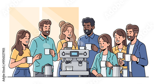 Coworkers Socializing Near Modern Coffee Maker