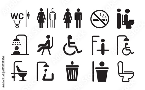 Public restroom signs and symbols set including men women disabled wc no smoking and shower icons vector