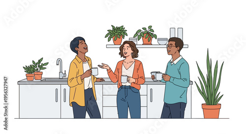 Diverse Coworkers Chatting in Modern Kitchenette