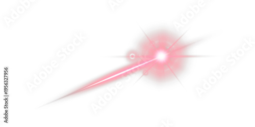 Red laser beam with glowing flare and light streak isolated on white background abstract energy flash effect.
