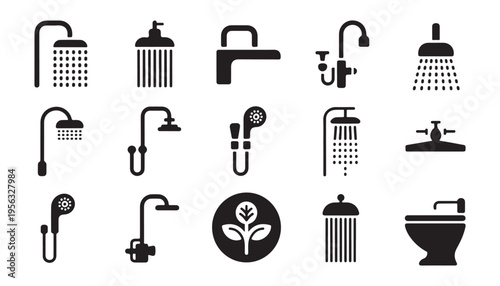 Set of various shower heads faucets and bathroom fixtures isolated on white background vector illustration