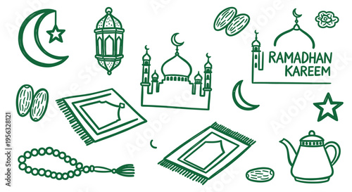 Ramadan Kareem Islamic Icons Collection Mosque Dates Prayer Mats Crescent Moon Lantern Rosary Teapot Star Symbols
