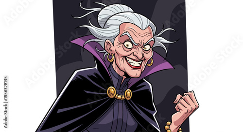 Cartoon illustration of an old evil woman.
