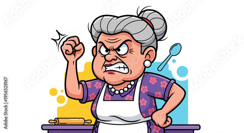 cartoon angry old woman with apron.