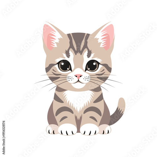 Cute Tabby Kitten Illustration, Adorable Cartoon Cat Sitting, White Background