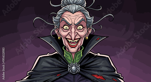 A cartoon illustration of a smiling vampire.