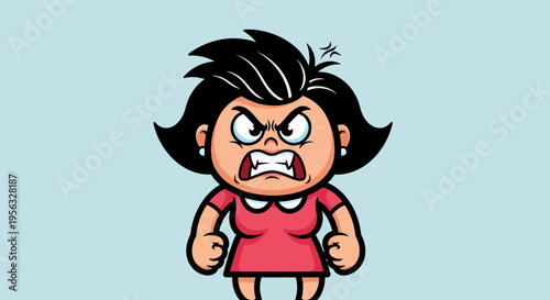 Angry cartoon woman with clenched fists.