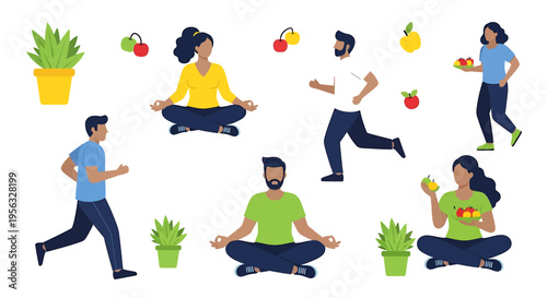 People engaging in fitness activities and eating healthy food outdoors for better health and wellness.