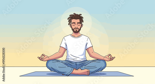 Man meditating in lotus position calmly.