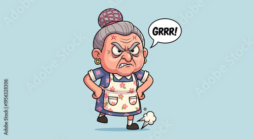Angry senior woman with speech bubble.