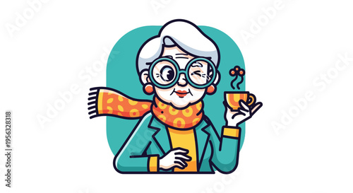 cartoon senior woman enjoying coffee.