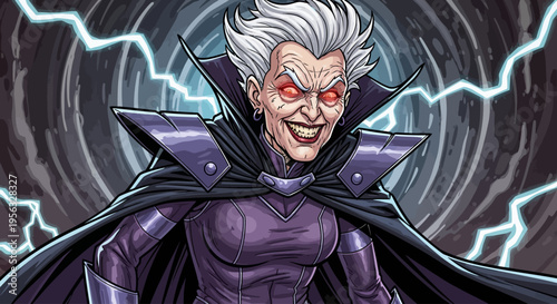 Comic book character with white hair and red eyes in purple costume.