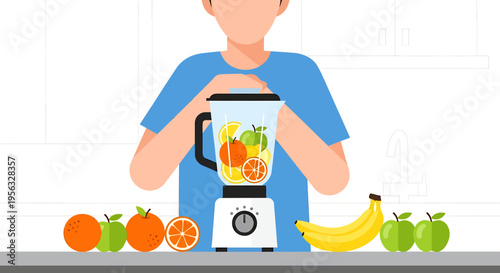 Man preparing a healthy smoothie with fruits in the kitchen for nutrition