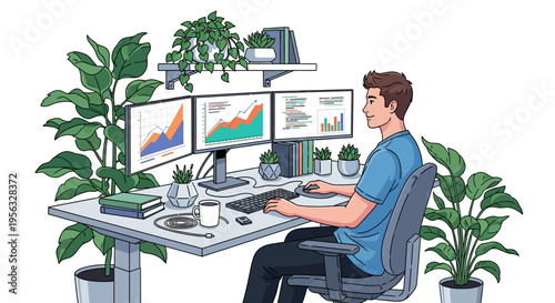 Modern Professional Working in Green Home Office