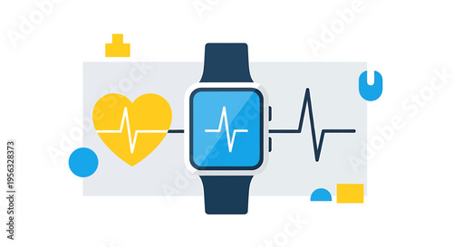 A smartwatch displays a health heart rate on screen with a yellow heart.