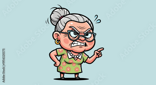 cartoon illustration of an angry senior woman.