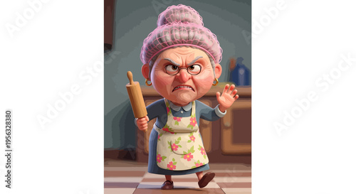 An animated elderly woman wearing an apron and holding a rolling pin.