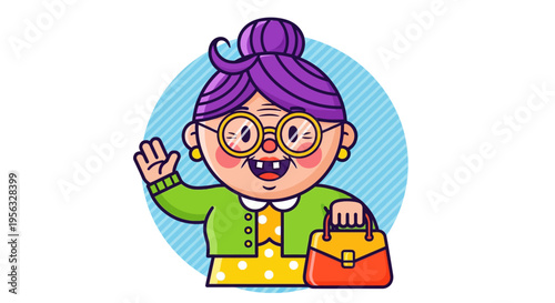 A cartoon illustration of a smiling senior woman waving and holding a purse.