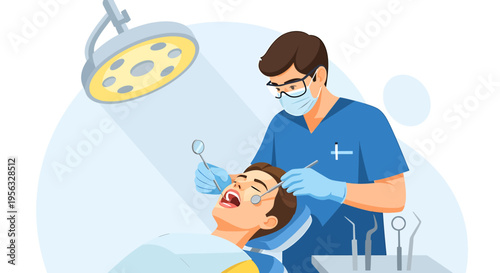 A dentist examines a patient's teeth for health issues in a clinic