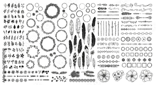 Extensive collection of hand-drawn vector graphic elements featuring ornate floral wreaths, rustic feathers, botanical dividers, and decorative borders for creative design projects