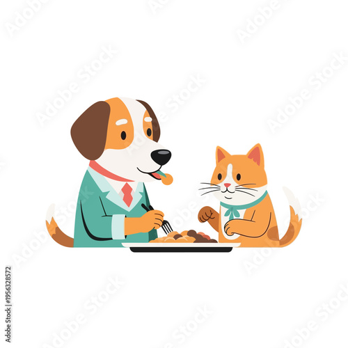 Happy dog and cat eating together at a table, friendly pets enjoying a meal, cartoon illustration