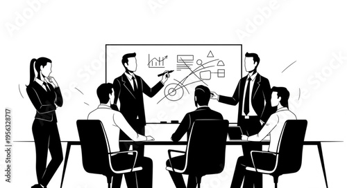 Business Meeting - Team Collaboration and Strategy Discussion Around a Whiteboard.