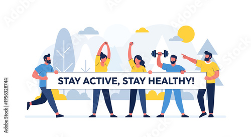 People exercising outdoors promoting health and fitness with a banner
