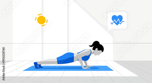 Woman doing push-ups on a blue mat in a bright room for health