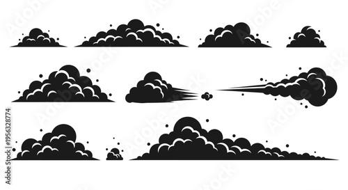 Vector cartoon smoke and dust cloud collection depicting comic explosions, speed effects, and impact puffs for dynamic graphic design elements