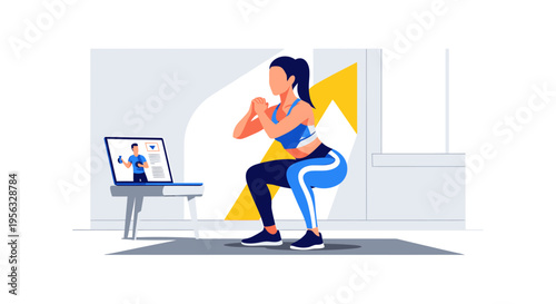 Woman doing squats in living room while watching fitness health video on laptop