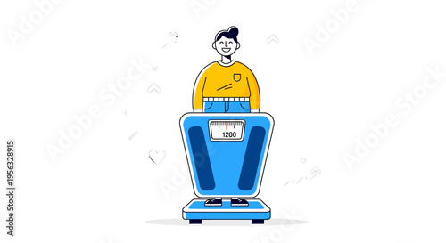 Person standing on a blue health scale with concern