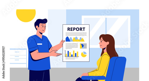 Doctor discusses health report with patient in clinic office setting