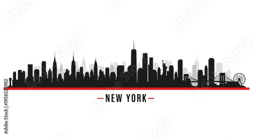 Dynamic vector silhouette showcasing an iconic metropolitan cityscape, featuring towering buildings and a vibrant urban panorama with a bold red accent, perfect for travel and urban design themes