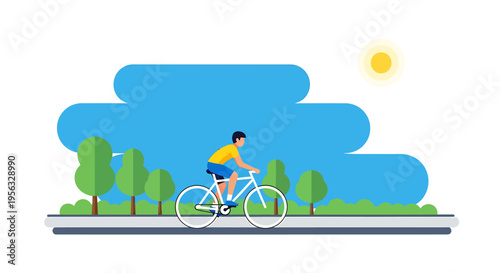 Person rides bicycle on path surrounded by trees under sunny sky for health