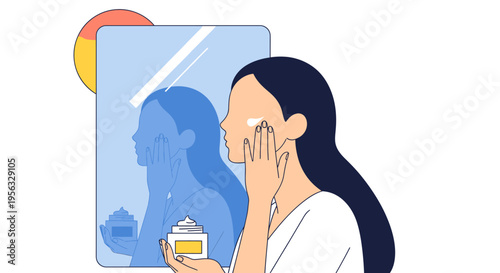 Woman applies cream to face for better skin health in front of mirror