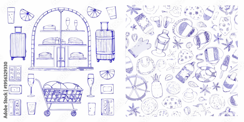 Obraz premium Vintage travel and leisure items sketched in a blue toned pattern