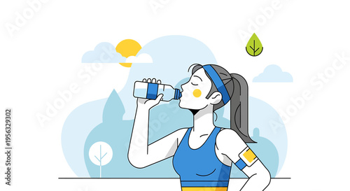 A woman prioritizes health by drinking water while exercising outdoors in a park.