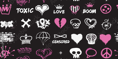 A chaotic pink and white doodle collage on a black background