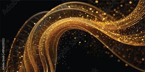 Lower right corner abstract of golden flowing ribbons with scattered light particles on a black background, festive and elegant design, digital art