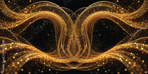Symmetrical golden abstract wave patterns with sparkling light dots, luxurious festive background for events, gold glitter
