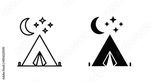 Vector illustration of camping tent icon with moon and stars, night camping vector illustration on a transparent background