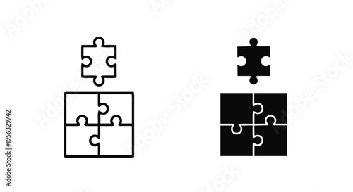 Vector illustration of puzzle piece icon set, vector illustration of missing piece and completed puzzle on a transparent background