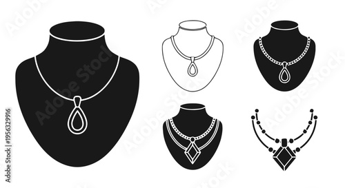 Vector illustration of set of jewelry necklace icons on a mannequin display on a transparent background